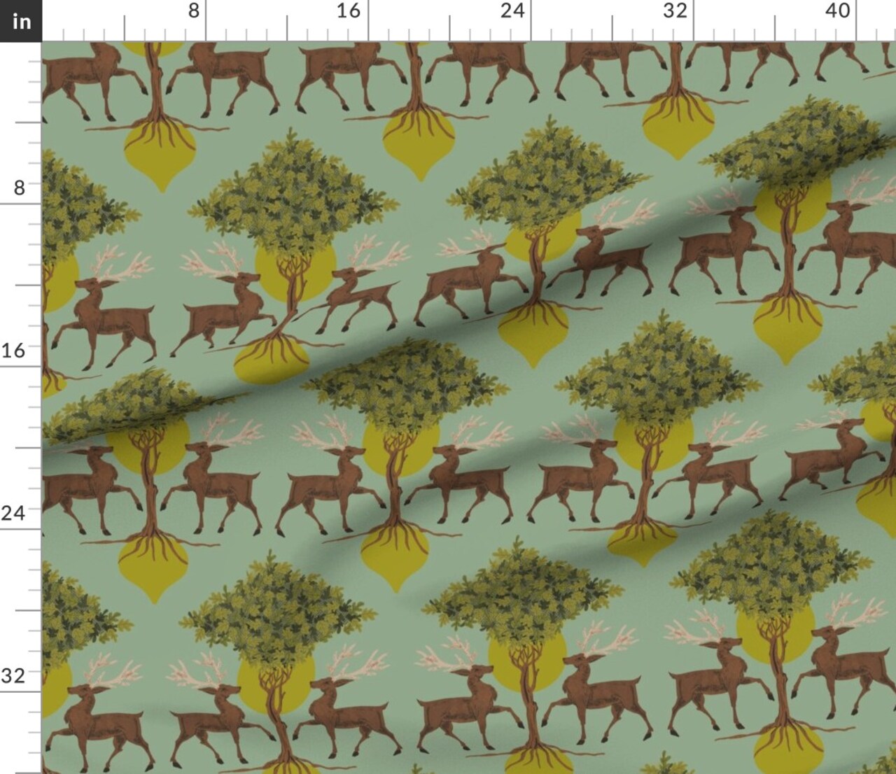 Woodland Nature Mint Green Vintage Style Animals Woods Trees Botanical Whimsical Custom Printed Fabric by Spoonflower Various Fabrics by the Yard or Fat Quarter